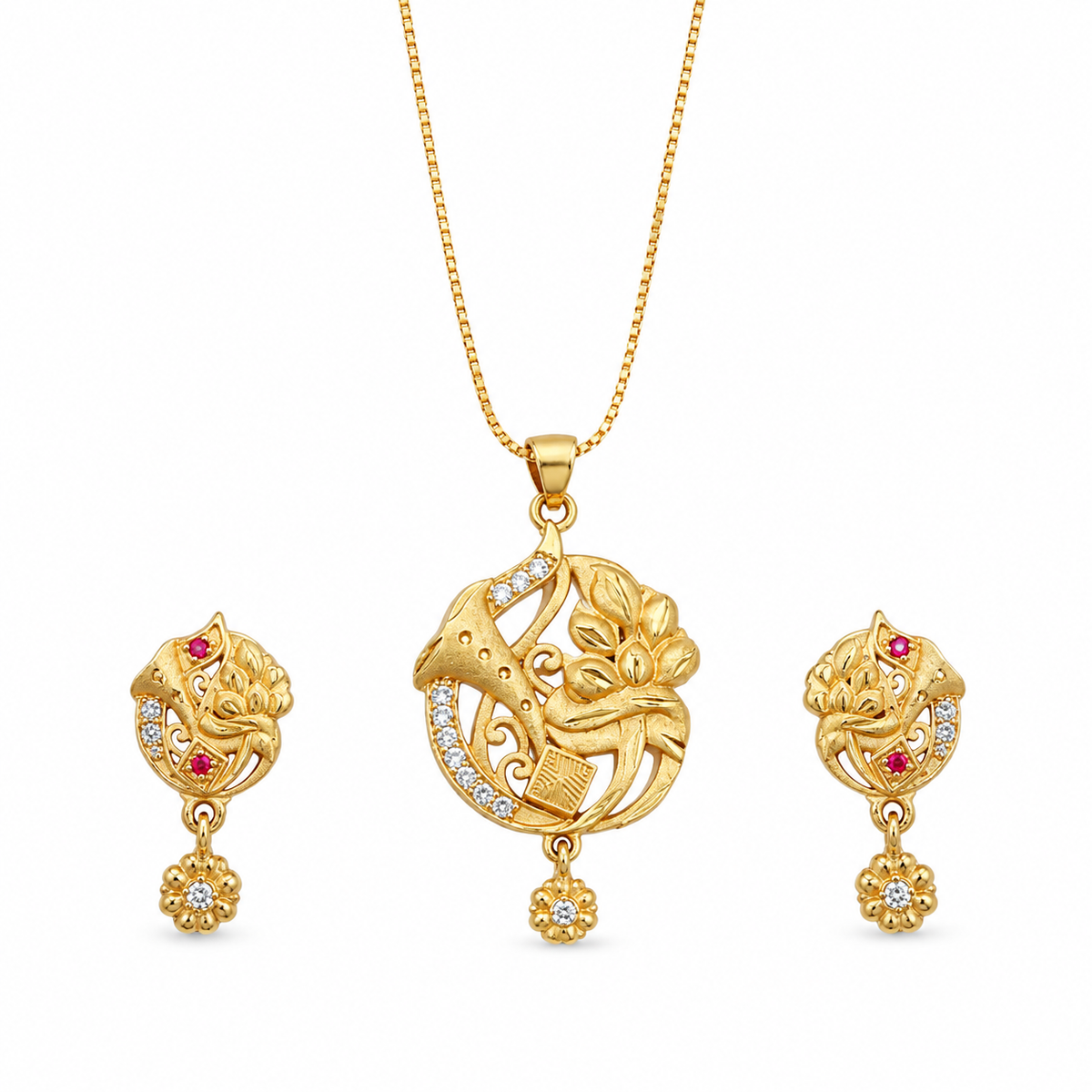 Deepika Floral Pendant Necklace & Earrings Set – 18K Gold Plated Jewelry