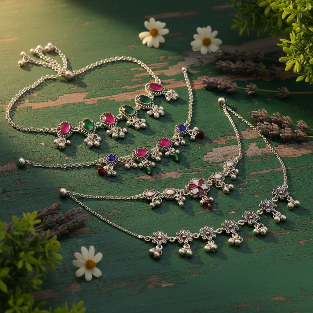 Anklet Collection Green Wood Background