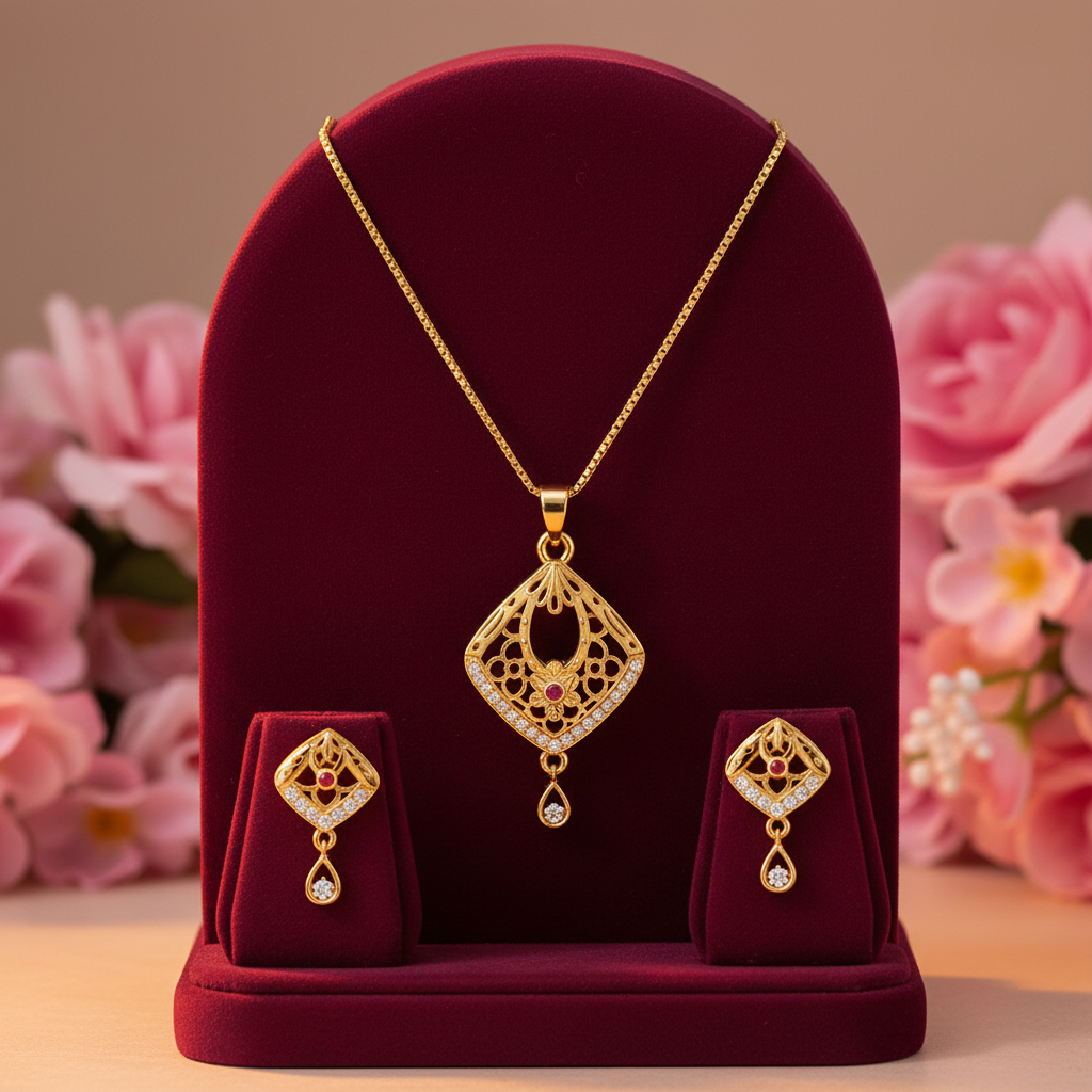 Gold Filigree Ruby Pendant Set - Magenta Backdrop